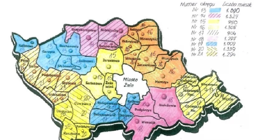 Graficzny podział na okręgi wyborcze gminy Żnin (materiały z Urzędu Miejskiego w Żninie)