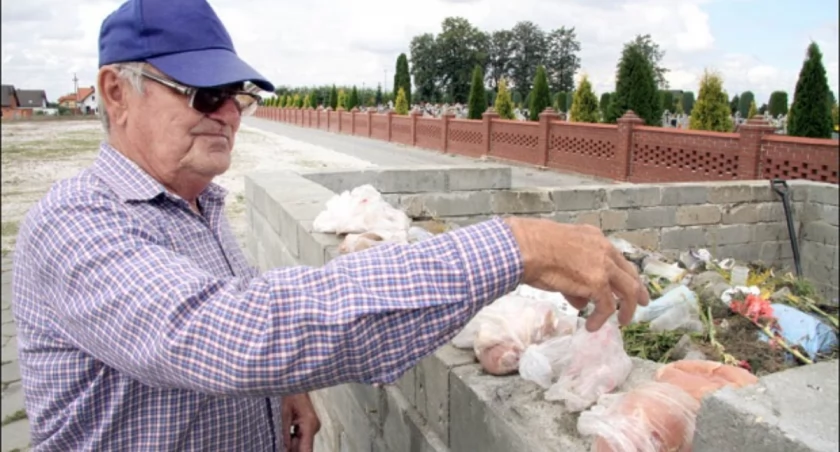 Michał Kowalski wybrał wyrzucone mięso i położył na murek okalający cmentarny śmietnik  fot. Remigiusz Konieczka