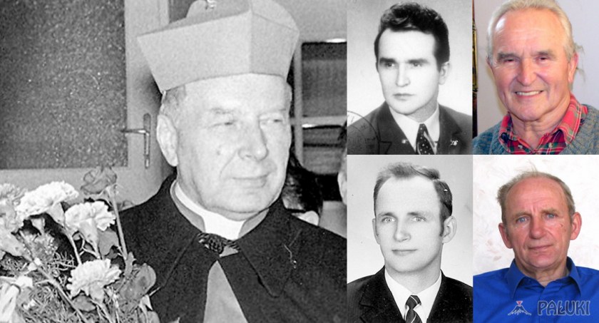 Ks. Prymas Wyszyńskiego na plebanii kościoła św. Floriana w Żninie w roku 1970 oraz młodzi inżynierowie, którzy go witali: Stanisław Woźny (u góry) i Józef Waźbiński (u dołu).  