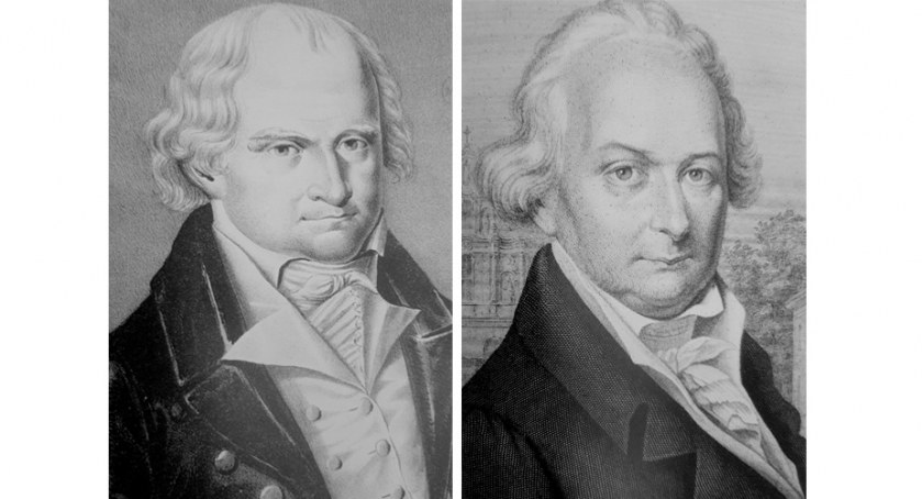 Bracia Jan i Jędrzej Śniadeccy. Po lewej: portret Jana Śniadeckiego, autor nieznany, rycina ze zbiorów Biblioteki Narodowej. Po prawej: fragment stalorytu, przedstawiającego Jędrzeja Śniadeckiego na tle wileńskeigo uniwersytetu. Autor: Jan Rustem, staloryt wykonał Mathieu Erin Corr, Album Wileńskie, wyd. J.K.Wilczyński, seria 2, Paryż 1854-1855