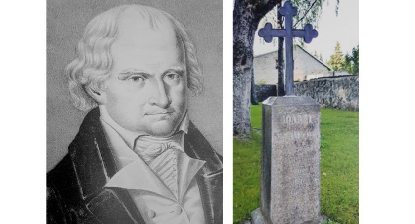 Od lewej: 1. Portret Jana Śniadeckiego, autor nieznany, rycina ze zbiorów Biblioteki Narodowej. 2. Nagrobek Jana Śniadeckeigo na cmentarzu w Jaszunach w 2016 roku. fot. Tomasz Kardaś