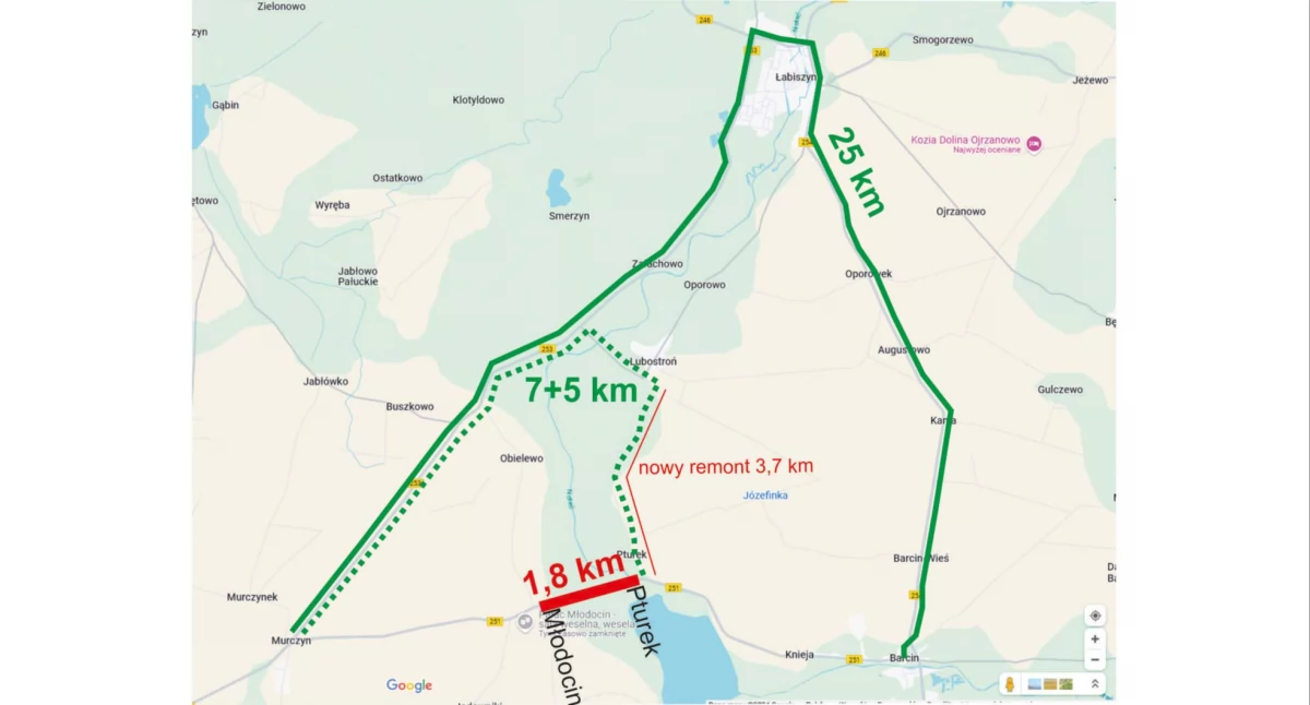 Plan sytuacyjny objazdu. Dziury jak po ostrzale drogi są na odcinku z Lubostronia do Pturka. Zielona linia - objazd wyznaczony urzędowo. Przerywana linia - objazd, z którego korzysta wielu kierowców - odcinek tej drogi o długości 3,7 km - od zakrętu w Lubostroniu do Pturka - niedługo będzie remontowany. Zdaniem wielu komentujących naprawa tej drogi powinna poprzedzić zamknięcie mostu. Jeżdżący tamtędy kierowcy dziwią się, dlaczego niemożliwa jest koordynacja działań i dbałość o wygodę użytkownik