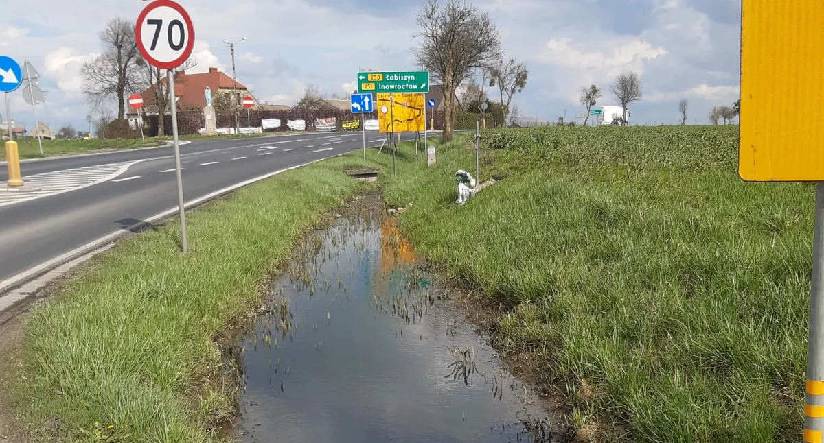 W rowie przy skrzyżowaniu nie odpływała woda. Zdarzało się w ostatnich latach, że jej poziom był nawet wyższy, niż tutaj na zdjęciu, które sołtys wykonał jako załącznik do prośby o interwencję do ZDW w Bydgoszczy fot. Adam Erlich