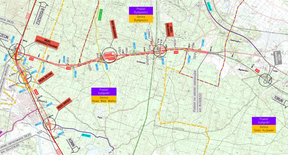 Schemat przebiegu drogi ekspresowej S10 Bydgoszcz-Toruń na odcinku Węzeł Bydgoszcz Południe - Węzeł Emilianowo źródło: https://s10-bydgoszcz-emilianowo.pl 