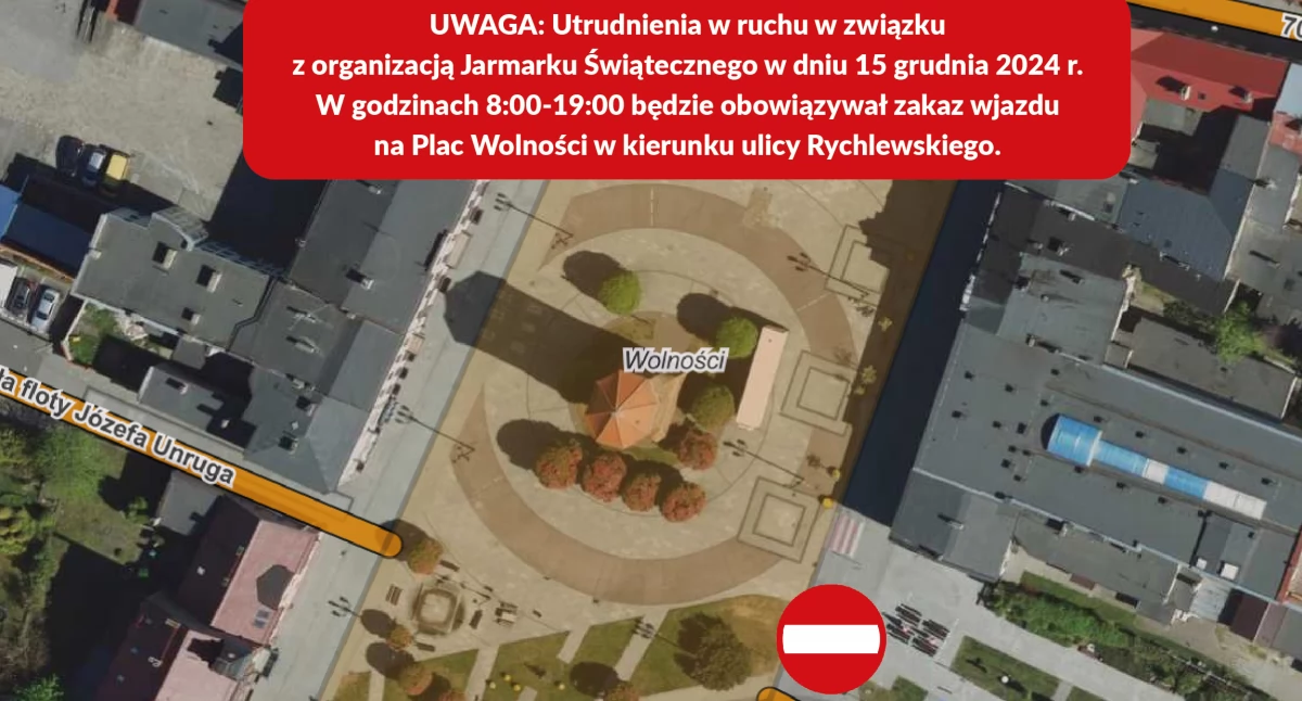 15 grudnia w związku z jarmarkiem świątecznym nie będzie można wjeżdżać na rynek wzdłuż wschodniej pierzei, w kierunku ul. Rychlewskiego fot. UM ŻNin