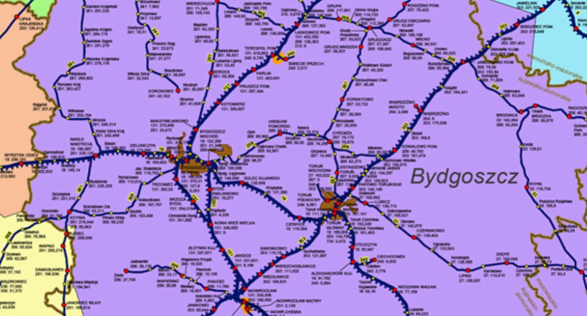 Mapka archaicznej sieci kolejowej wokół Bydgoszczy fot. arch. Waldemara Baszaka