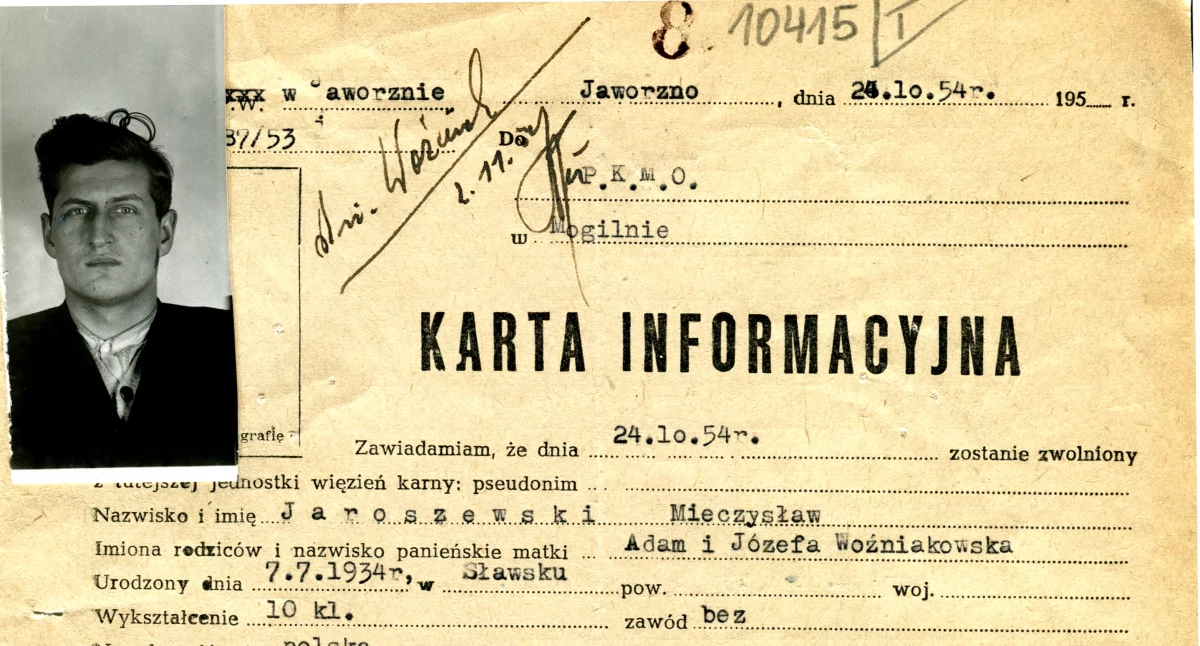 Karta informacyjna świadcząca o odbywaniu kary przez Mieczysława Jaroszewskiego w Progresywnym Więzieniu dla Młodocianych w Jaworznie fot. archiwum Pałuk