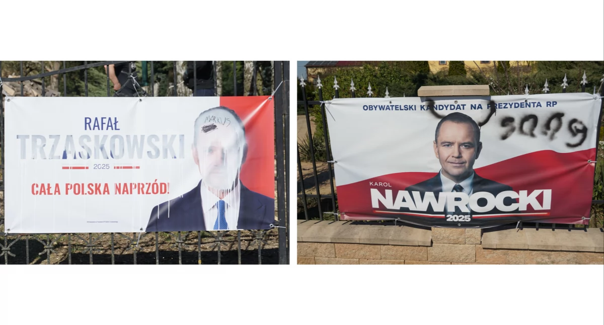 Baner Rafała Trzaskowskiego (na białej farbie znajduje się napis Markus) i Karola Nawrockiego przy ul. 1 Stycznia fot. Karol Gapiński