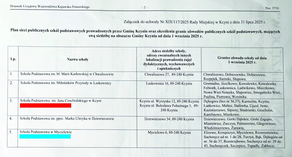 Obwód zaznaczony na niebiesko został rodzicom z Mycielewa przypisany. Walczą o posyłanie dzieci do Kcyni, czyli obwodu zaznaczonego na czerwono. fot. Cezary Kucharski