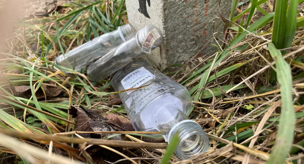 Butelki, z których zniknęła zawartość, walają się w rowach i w trawie, fotografia zrobiona przy torach kolejki w Żninie 