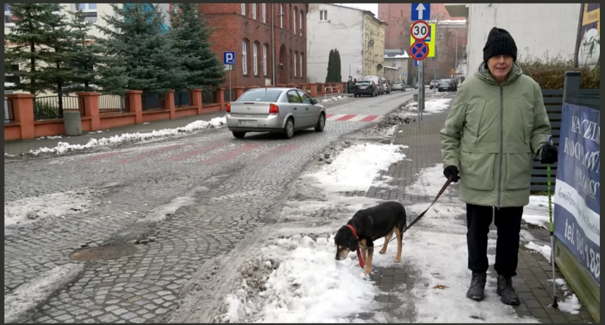 Ulicą Szkolną spaceruje z pełną ostrożnością Stanisław Głogowski ze swoim psem Trampem fot. Karol Gapiński