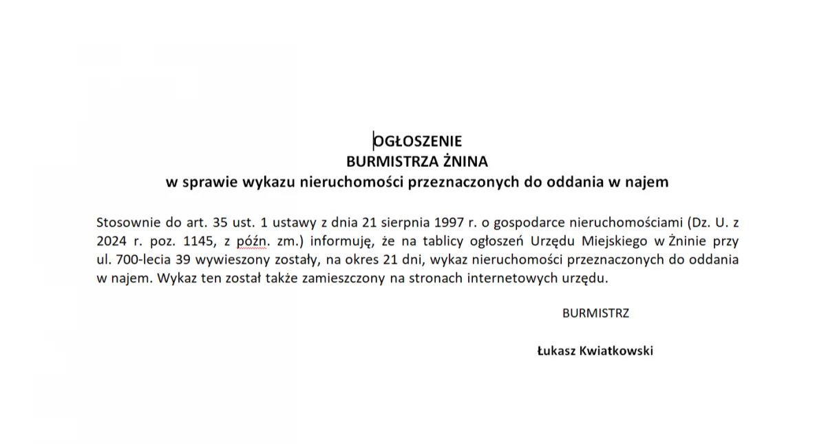 Ogłoszenia urzędów, OGŁOSZENIE BURMISTRZA ŻNINA sprawie wykazu nieruchomości przeznaczonych oddania najem - zdjęcie, fotografia