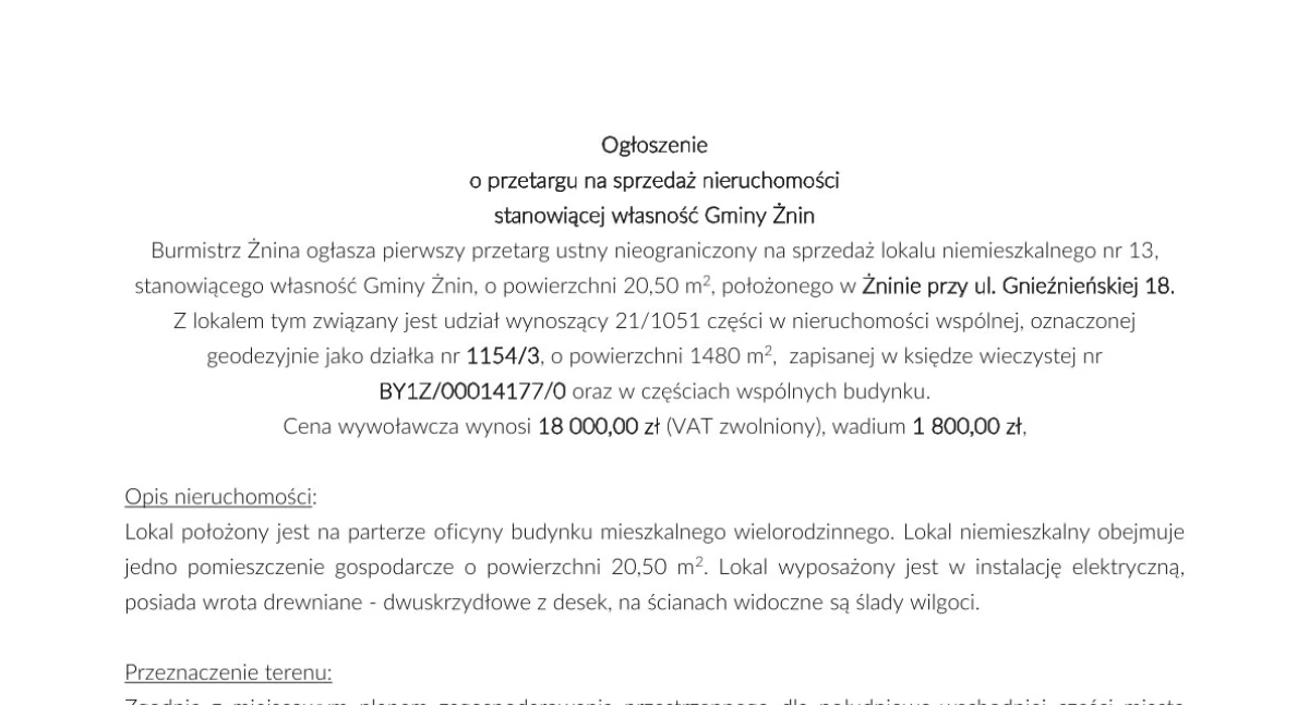 Ogłoszenia urzędów, Ogłoszenie przetargu sprzedaż nieruchomości stanowiącej własność Gminy Żnin - zdjęcie, fotografia
