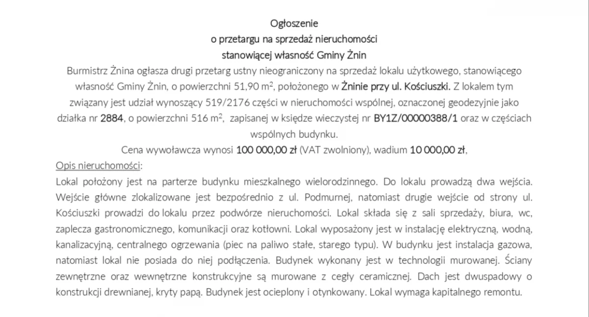 Ogłoszenia urzędów, Ogłoszenie przetargu sprzedaż nieruchomości stanowiącej własność Gminy Żnin - zdjęcie, fotografia