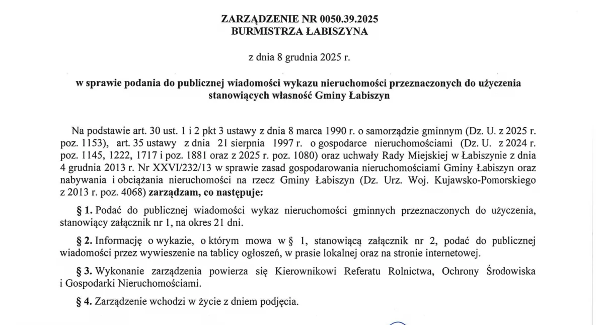 Ogłoszenia urzędów, Zarządzenie BURMISTRZA ŁABISZYNA grudnia - zdjęcie, fotografia