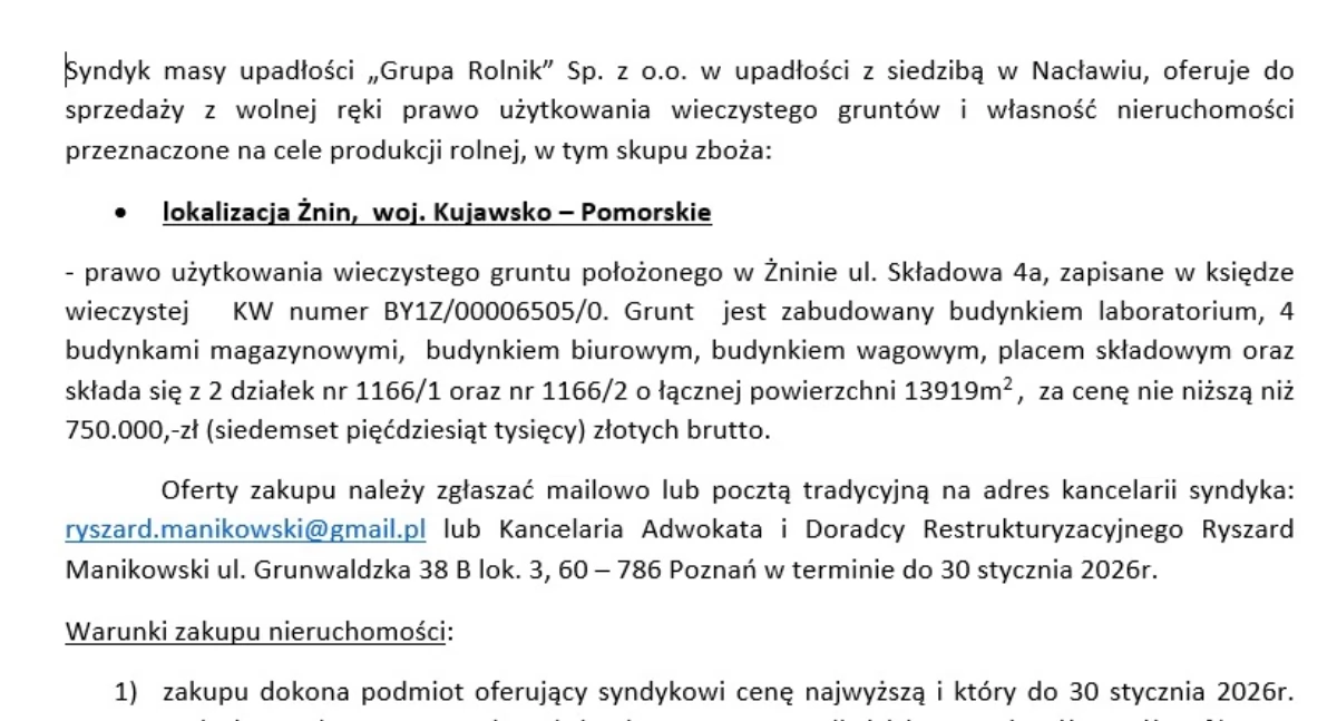 Ogłoszenia urzędów, Syndyk upadłości „Grupa Rolnik” upadłości siedzibą Nacławiu oferuje sprzedaży - zdjęcie, fotografia