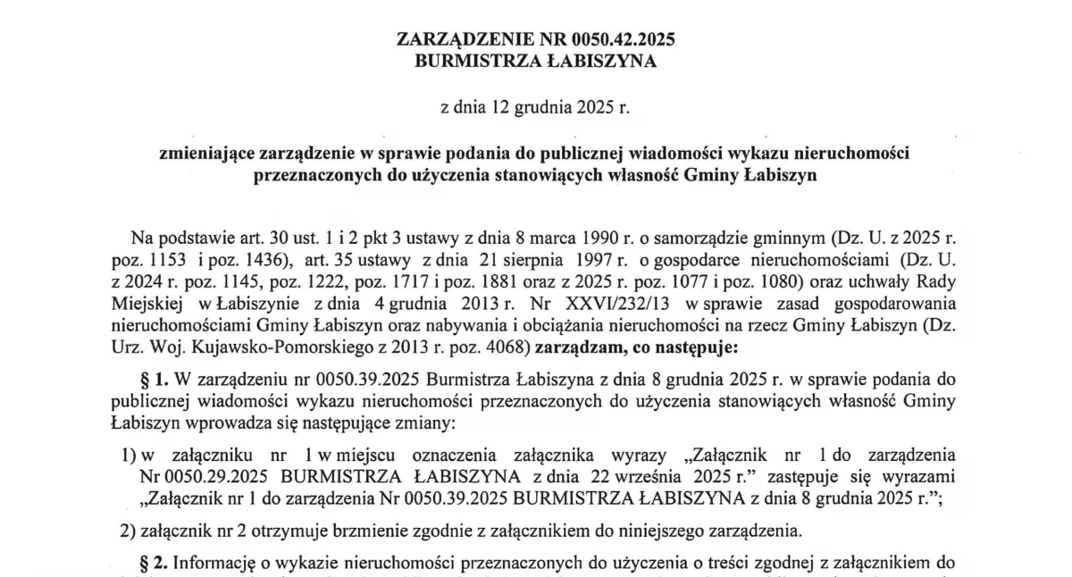 Ogłoszenia urzędów, Zarządzenie BURMISTRZA ŁABISZYNA grudnia - zdjęcie, fotografia
