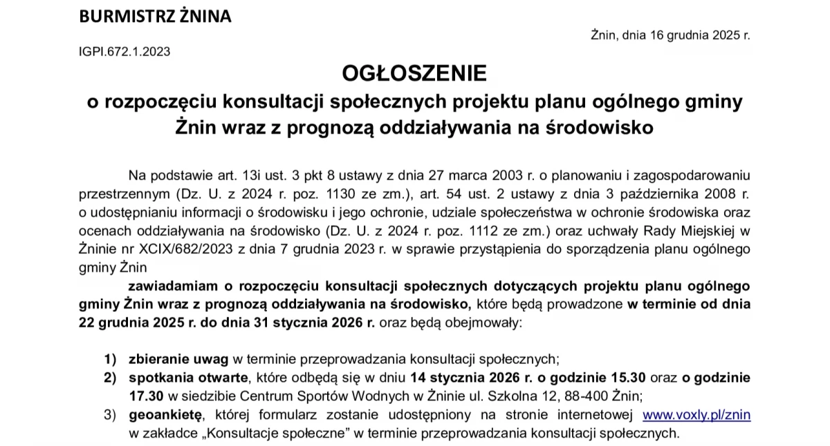 Ogłoszenia urzędów, OGŁOSZENIE rozpoczęciu konsultacji społecznych projektu planu ogólnego gminy Żnin - zdjęcie, fotografia
