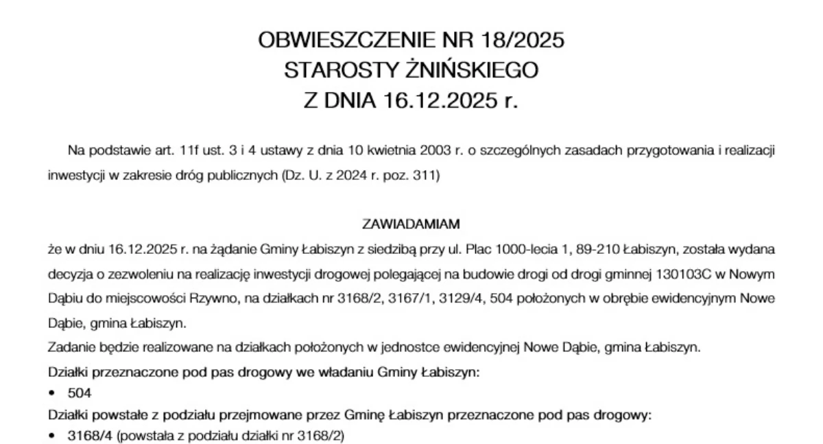 Ogłoszenia urzędów, Obwieszczenie 18/2025 Starosty Żnińskiego - zdjęcie, fotografia