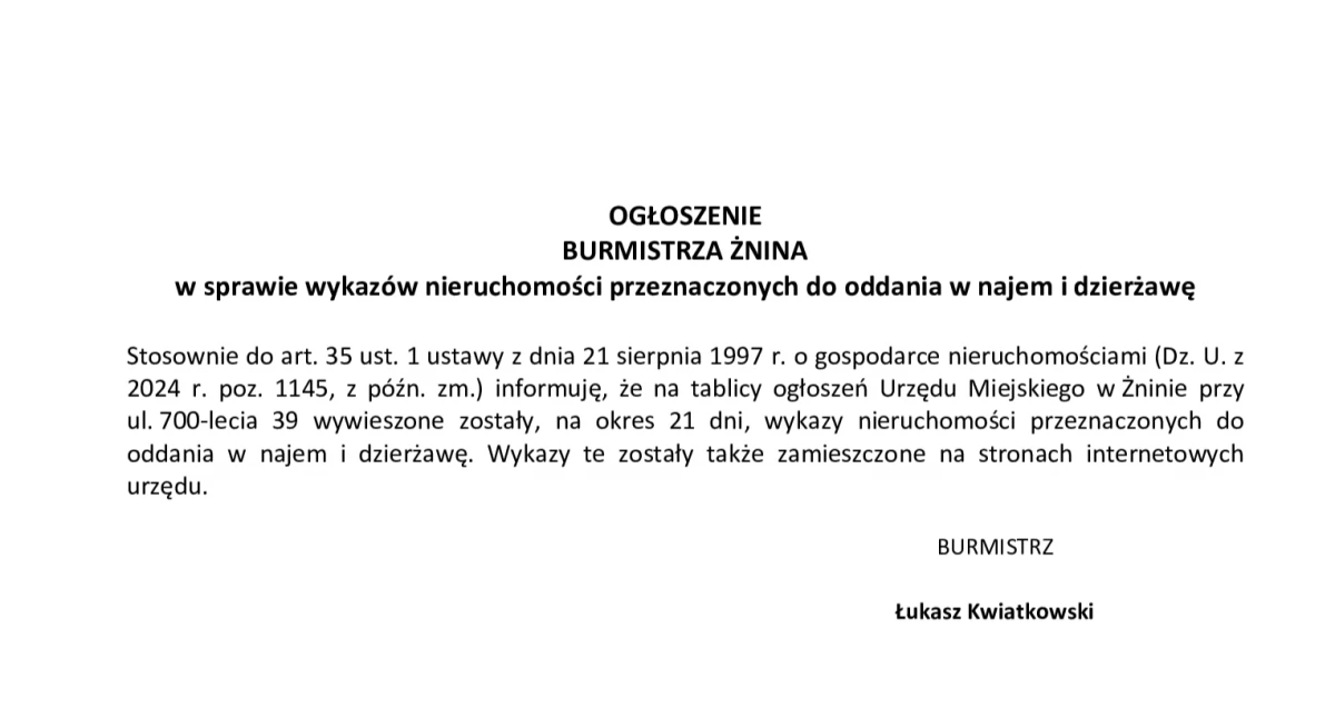 Ogłoszenia urzędów, OGŁOSZENIE BURMISTRZA ŻNINA sprawie wykazów nieruchomości przeznaczonych oddania najem dzierżawę - zdjęcie, fotografia