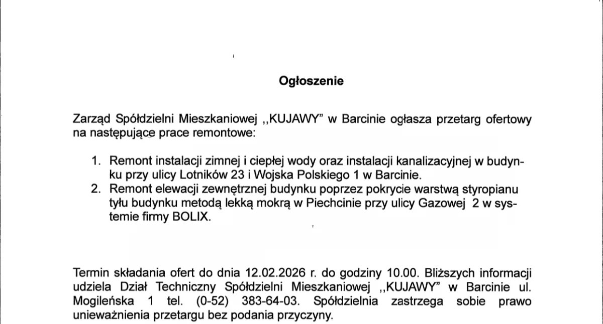 Ogłoszenia urzędów, Zarząd Spółdzielni Mieszkaniowej KUJAWY Barcinie ogłasza przetarg - zdjęcie, fotografia
