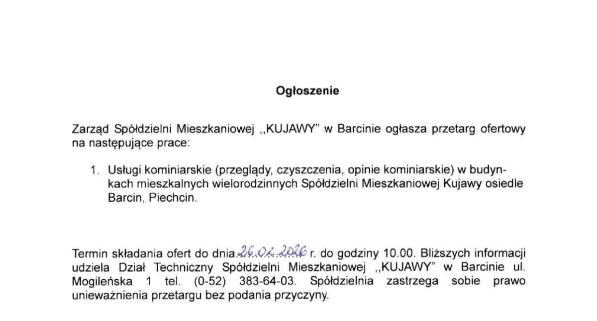 Ogłoszenia urzędów, Ogłoszenie zarządu Spółdzielni Mieszkaniowej Kujawy - zdjęcie, fotografia