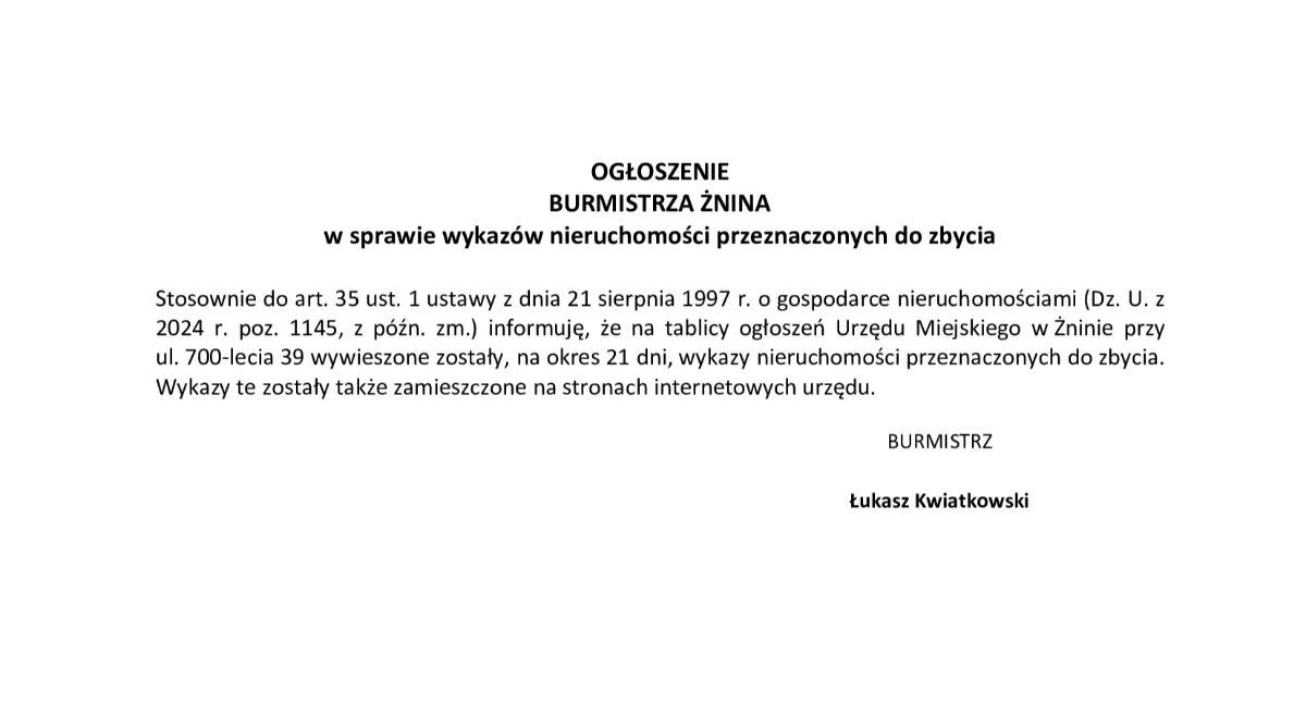 Ogłoszenia urzędów, OGŁOSZENIE BURMISTRZA ŻNINA sprawie wykazów nieruchomości przeznaczonych zbycia - zdjęcie, fotografia