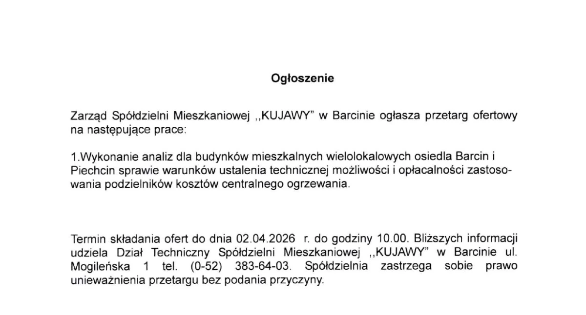 Ogłoszenia urzędów, Ogłoszenie Zarządu Spółdzielni Mieszkaniowej Kujawy Barcinie - zdjęcie, fotografia