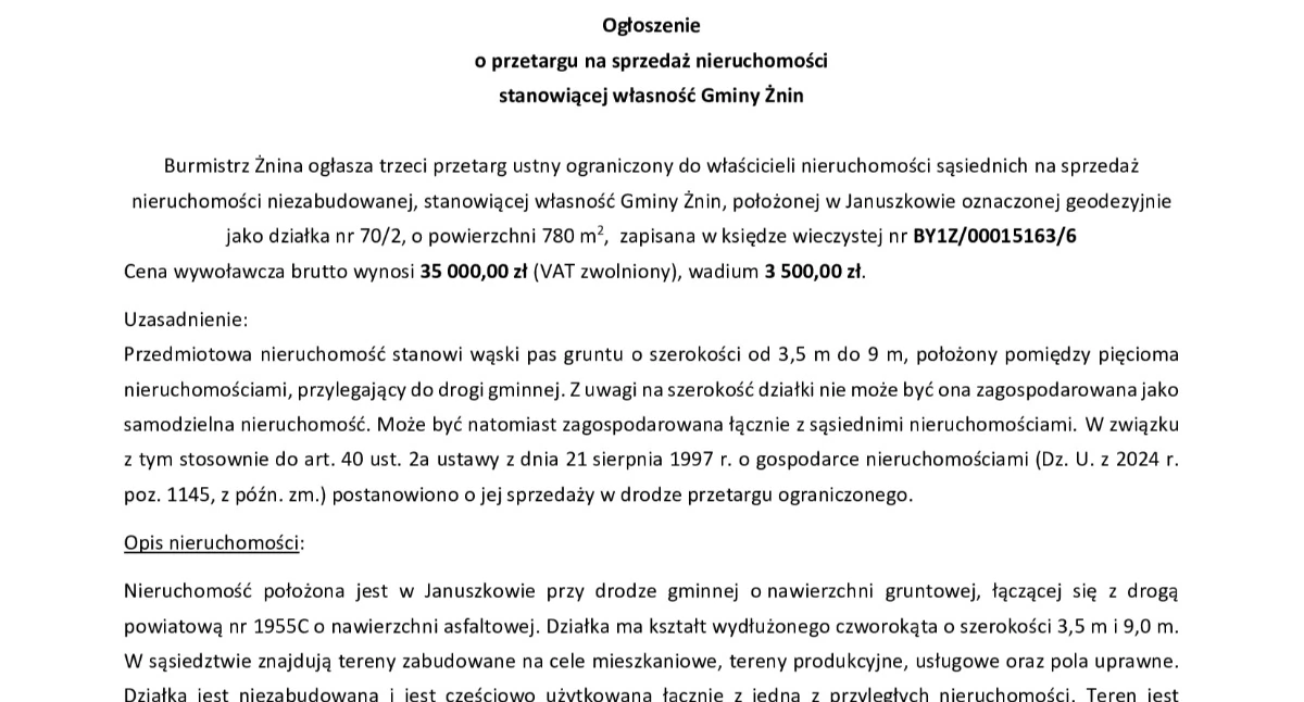 Ogłoszenia urzędów, Ogłoszenie przetargu sprzedaż nieruchomości stanowiącej własność Gminy Żnin - zdjęcie, fotografia