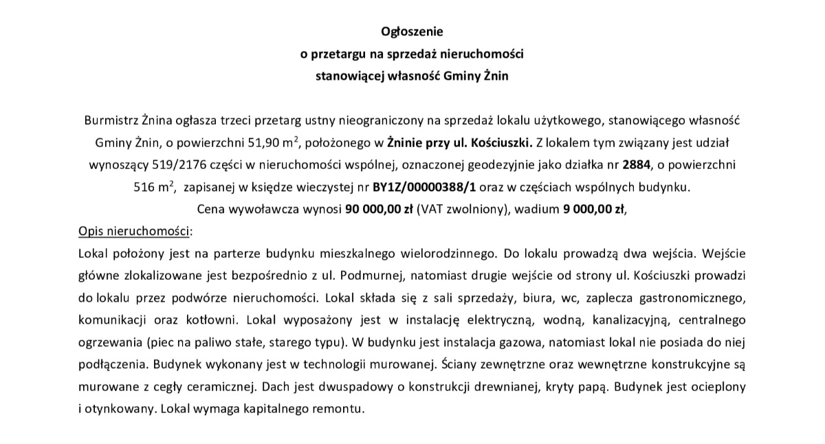 Ogłoszenia urzędów, Ogłoszenie przetargu sprzedaż nieruchomości stanowiącej własność Gminy Żnin - zdjęcie, fotografia