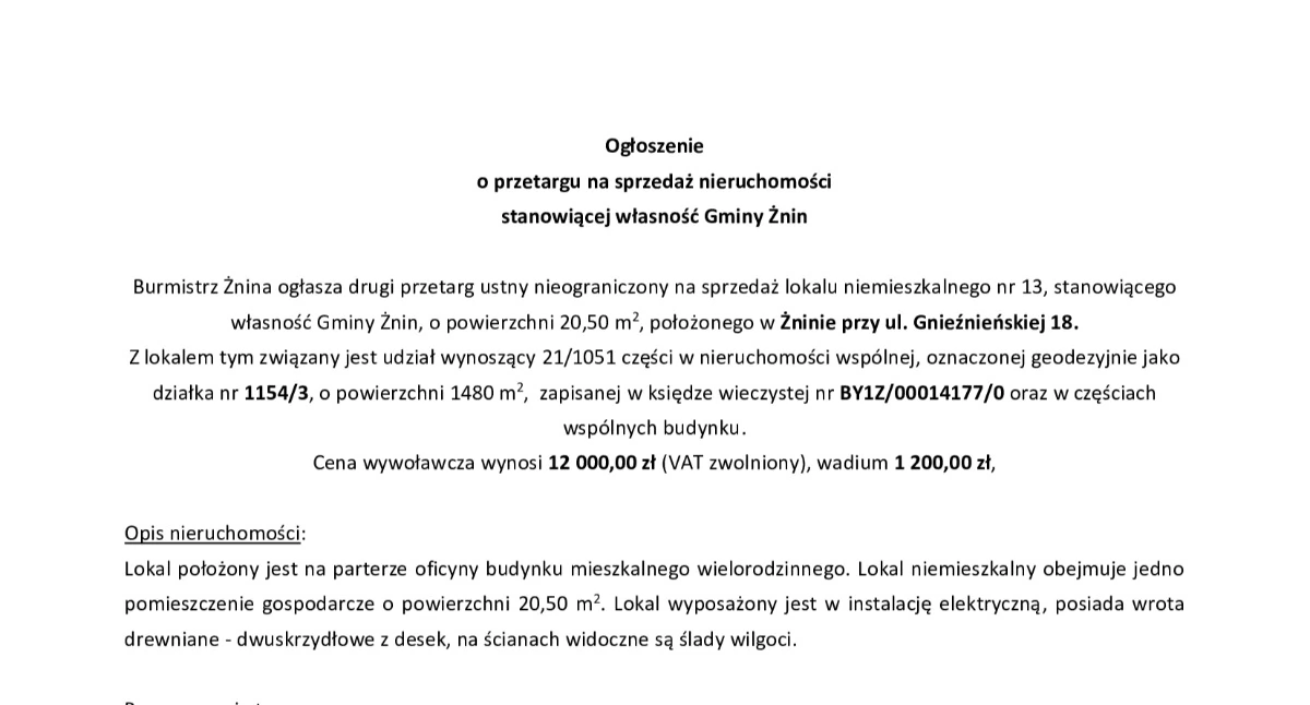 Ogłoszenia urzędów, Ogłoszenie przetargu sprzedaż nieruchomości stanowiącej własność Gminy Żnin - zdjęcie, fotografia