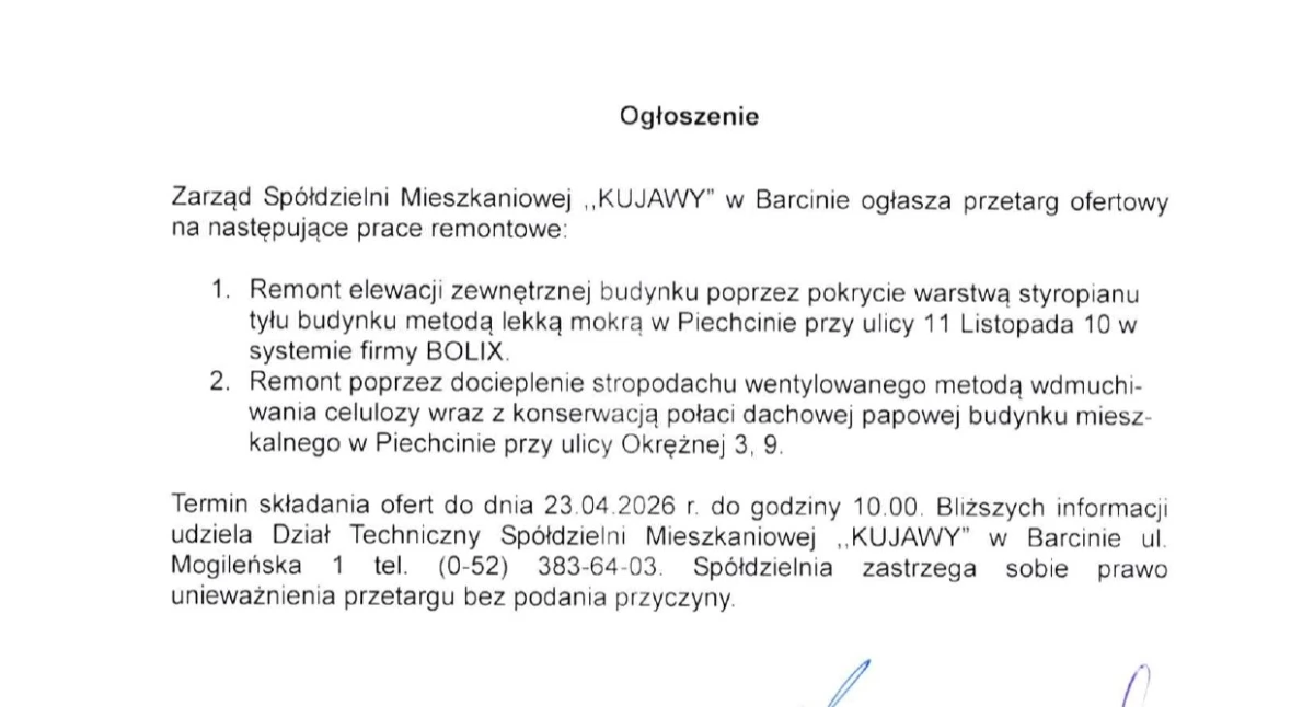 Ogłoszenia urzędów, Ogłoszenie Spółdzielni Mieszkaniowej Kujawy - zdjęcie, fotografia