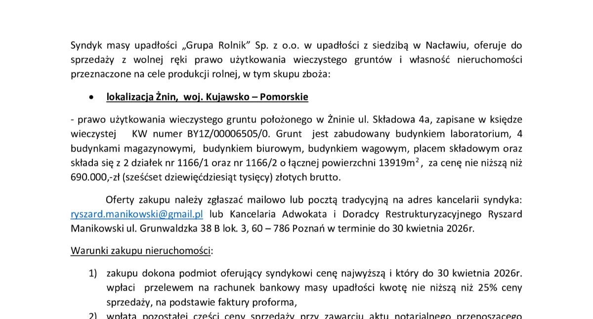 Ogłoszenia urzędów, Ogłoszenie syndyka upadłości Grupa Rolnik - zdjęcie, fotografia