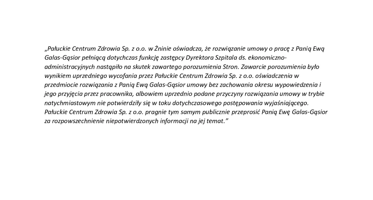 Ogłoszenia urzędów, Oświadczenie Pałuckiego Centrum Zdrowia - zdjęcie, fotografia