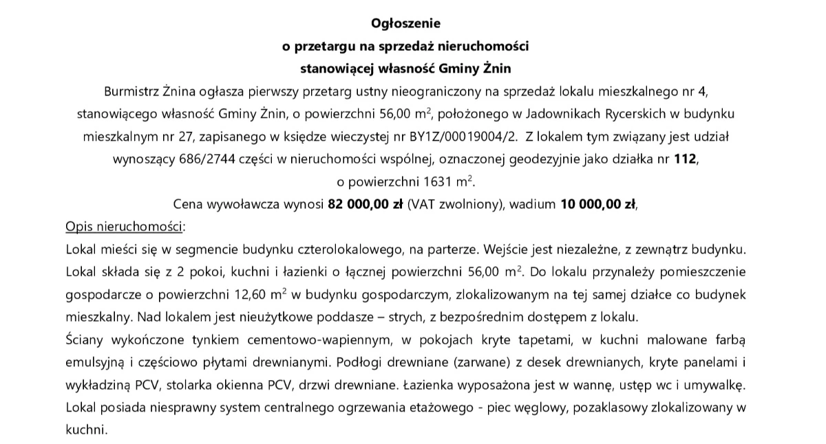 Ogłoszenia urzędów, Ogłoszenie przetargu sprzedaż nieruchomości stanowiącej własność Gminy Żnin - zdjęcie, fotografia