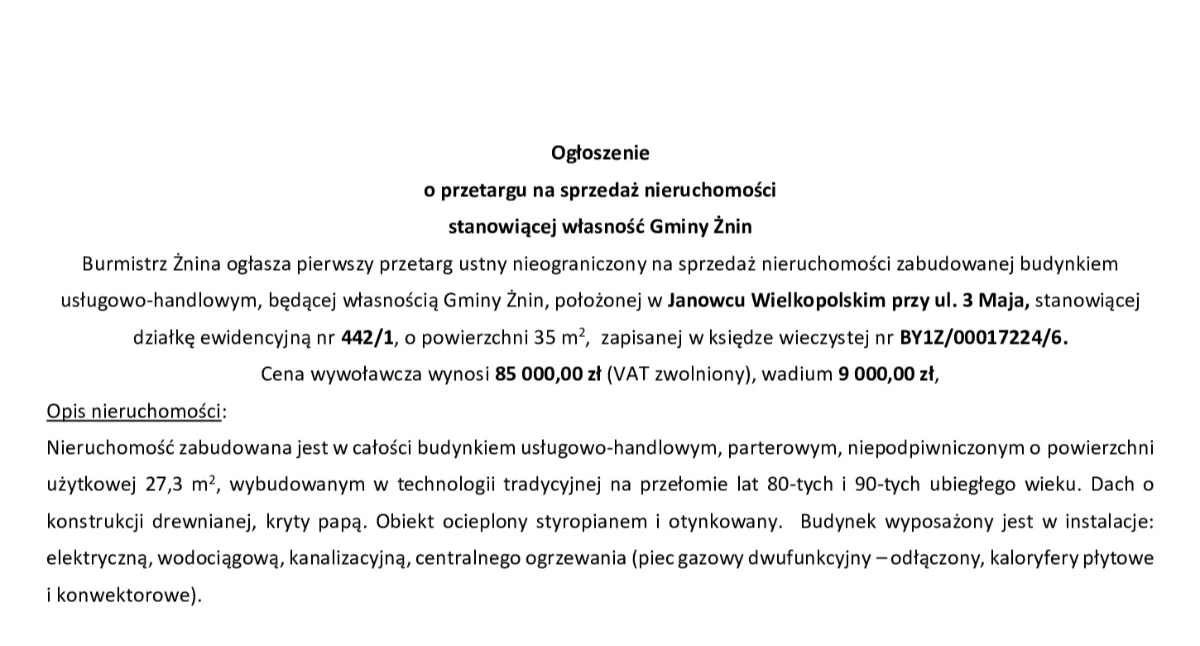 Ogłoszenia urzędów, Ogłoszenie przetargu sprzedaż nieruchomości stanowiącej własność Gminy Żnin - zdjęcie, fotografia