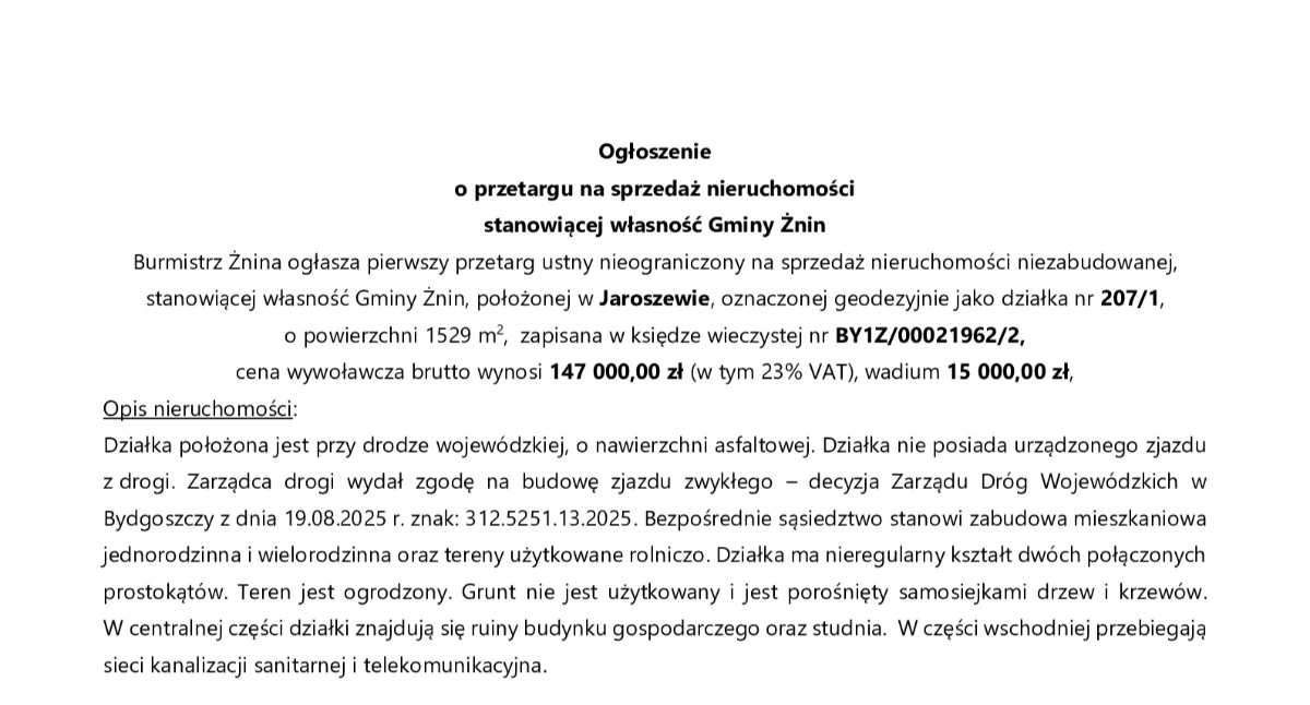 Ogłoszenia urzędów, Ogłoszenie przetargu sprzedaż nieruchomości stanowiącej własność Gminy Żnin - zdjęcie, fotografia