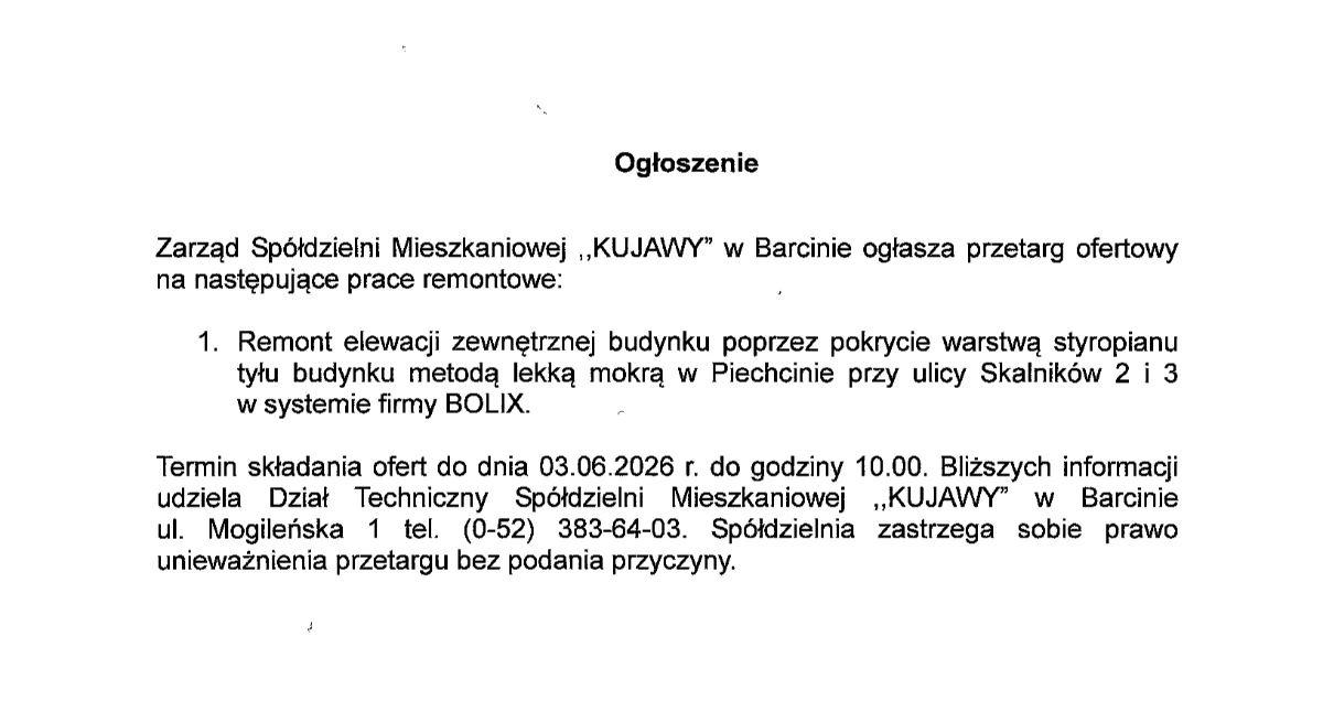 Ogłoszenia urzędów, Ogłoszenie Spółdzielni Mieszkaniowej KUJAWY - zdjęcie, fotografia