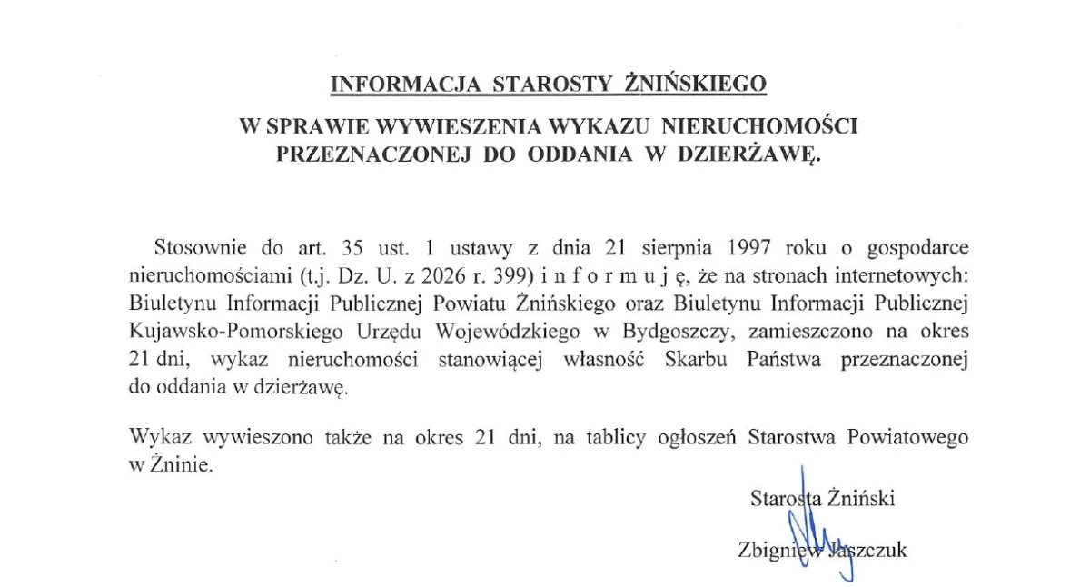 Ogłoszenia urzędów, INFORMACJA STAROSTY ŻNIŃSKIEGO - zdjęcie, fotografia