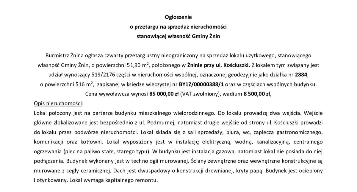 Ogłoszenia urzędów, Ogłoszenie przetargu sprzedaż nieruchomości stanowiącej własność Gminy Żnin - zdjęcie, fotografia
