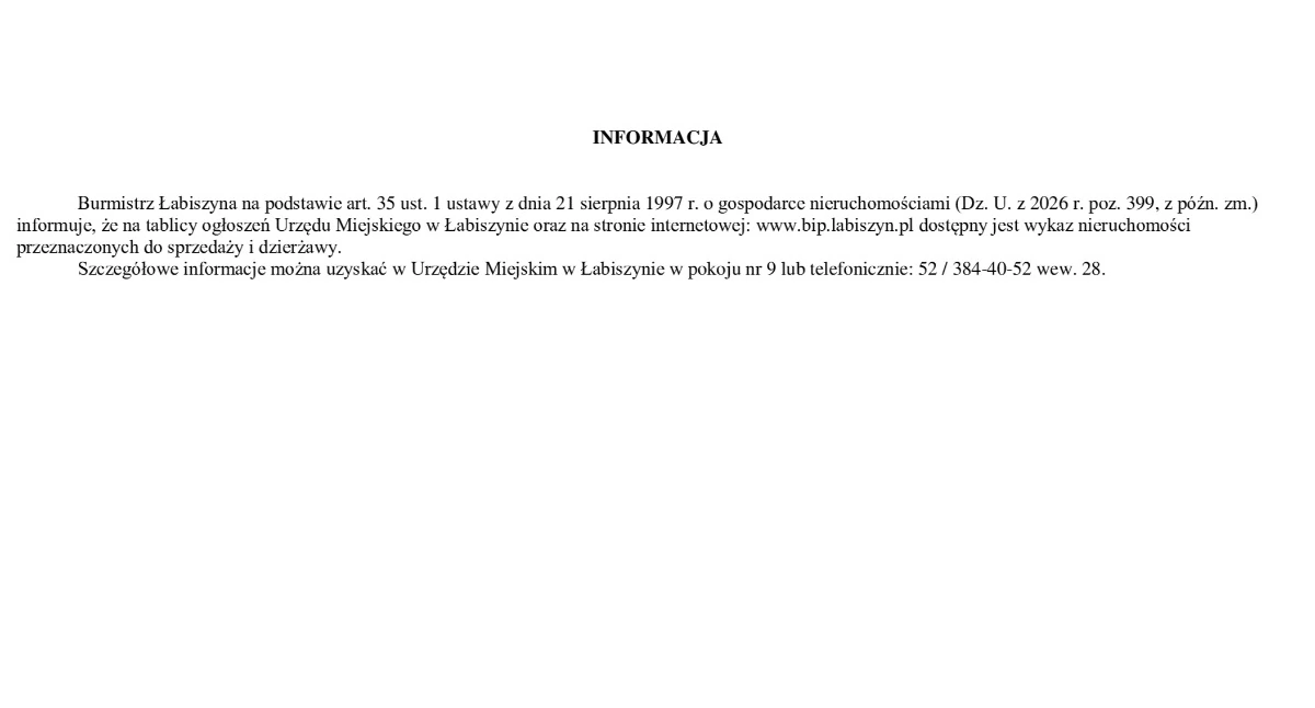 Ogłoszenia urzędów, Informacja Burmistrza Łabiszyna - zdjęcie, fotografia