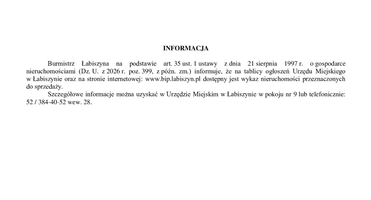 Ogłoszenia urzędów, Informacja Burmistrza Łabiszyna - zdjęcie, fotografia