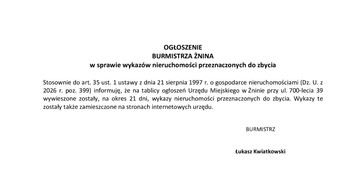 Ogłoszenia urzędów, OGŁOSZENIE BURMISTRZA ŻNINA - zdjęcie, fotografia