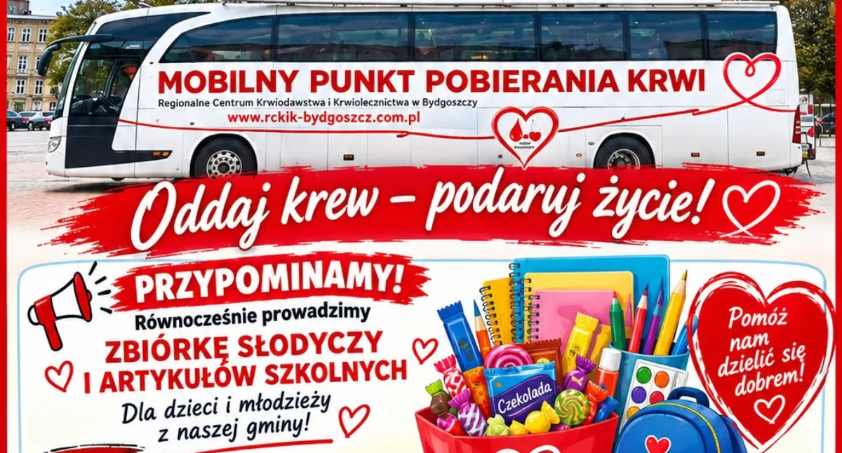 Życie miast i wsi • , Przyłącz zbiórki artykułów szkolnych słodyczy którą organizuje żniński krwiodawców - zdjęcie, fotografia