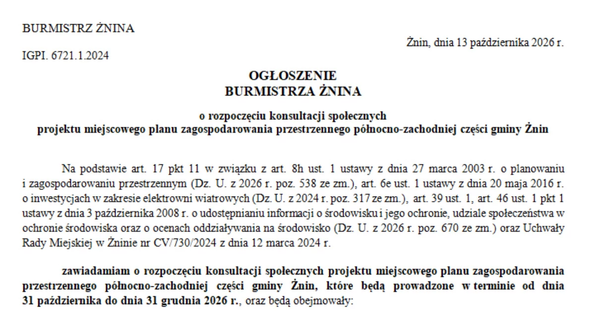 Ogłoszenia urzędów, OGŁOSZENIE BURMISTRZA Żnina rozpoczęciu konsultacji społecznych projektu miejscowego planu zagospodarowania przestrzennego północno zachodniej części gminy Żnin - zdjęcie, fotografia