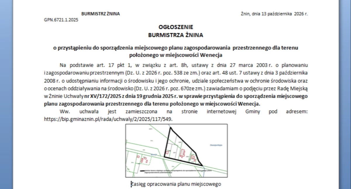 Ogłoszenia urzędów, OGŁOSZENIE BURMISTRZA Żnina przystąpieniu sporządzenia miejscowego planu zagospodarowania przestrzennego terenu położonego miejscowości Wenecja - zdjęcie, fotografia