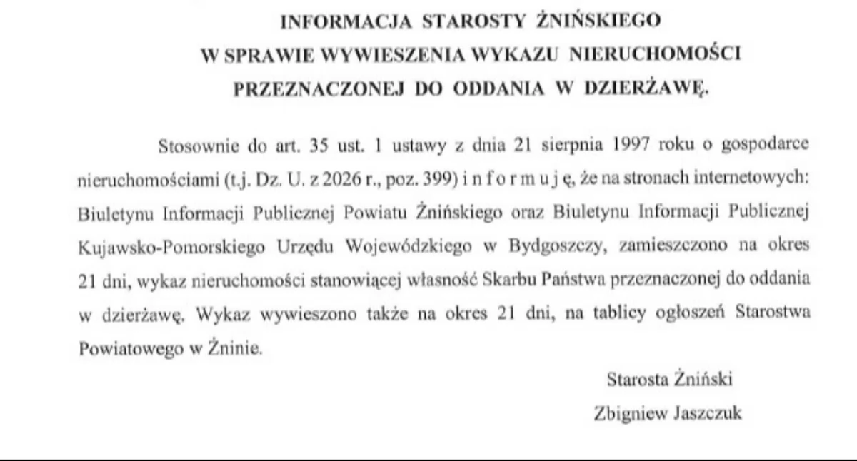 Ogłoszenia urzędów, Informacja starosty żnińskiego - zdjęcie, fotografia