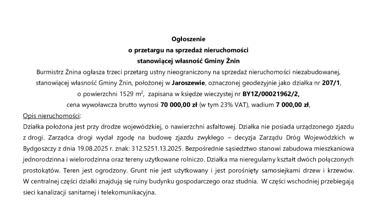Ogłoszenia urzędów, Ogłoszenie przetargu sprzedaż nieruchomości stanowiącej własność Gminy Żnin - zdjęcie, fotografia