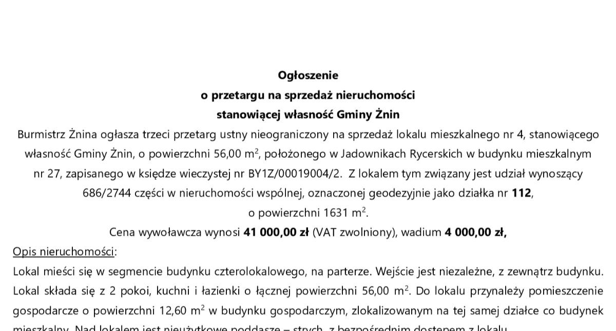 Ogłoszenia urzędów, Ogłoszenie przetargu sprzedaż nieruchomości stanowiącej własność Gminy Żnin - zdjęcie, fotografia