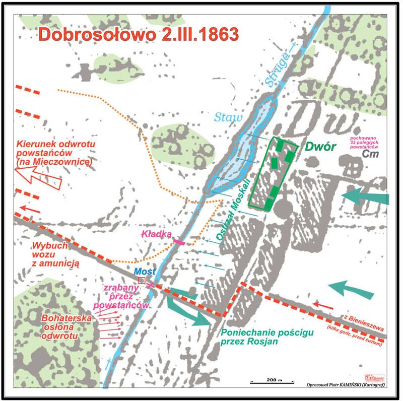 Rekonstrukcja przebiegu bitwy pod Dobrosołowem 2 marca 1863 r., opracował Piotr Kamiński